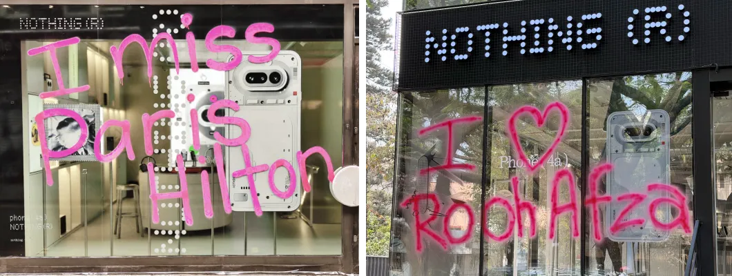 Nothing showroom window with graffiti messages from fans saying