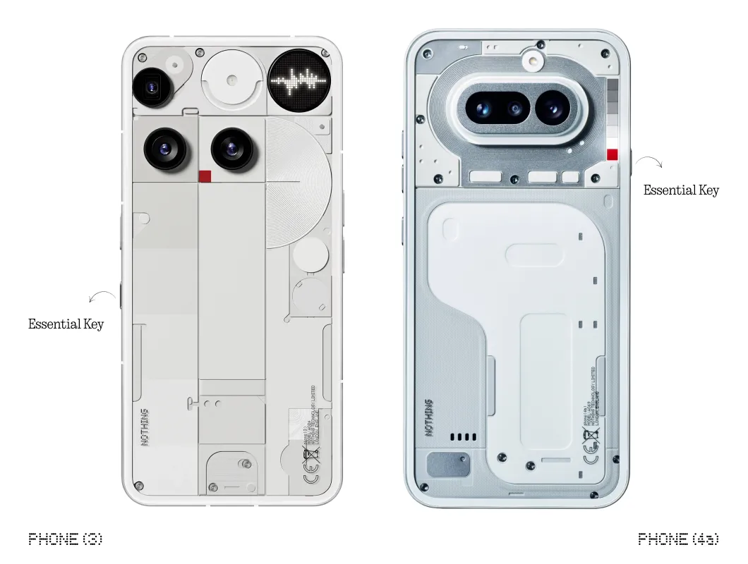 Nothing Phone 3a and Phone 4a side by side, comparing the new Essential Key placement