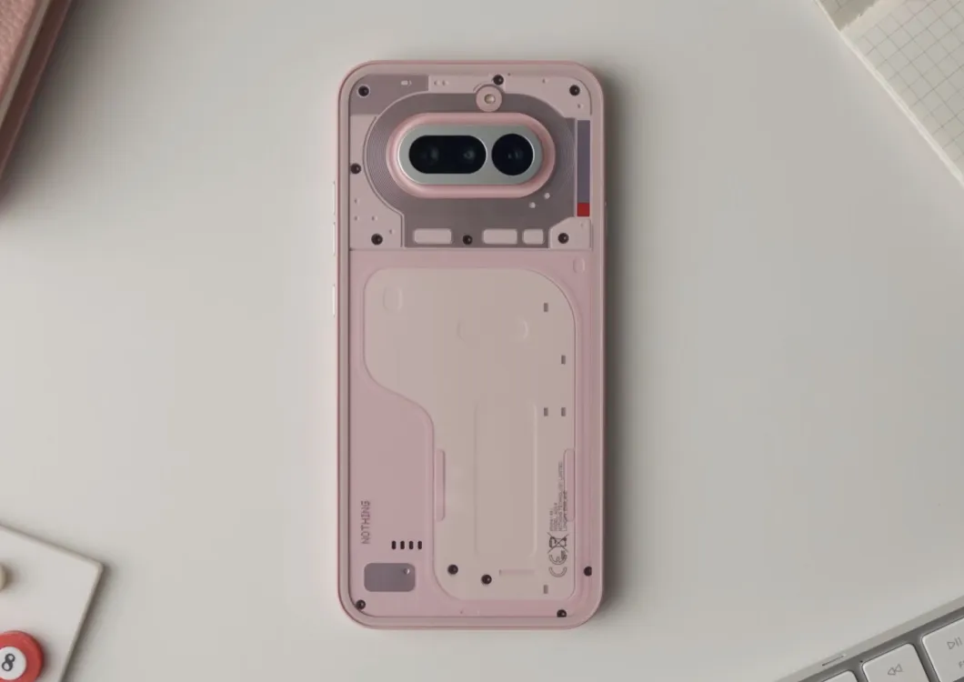 Back of the Nothing Phone 4a Pink Edition showing the transparent tinted resin panel