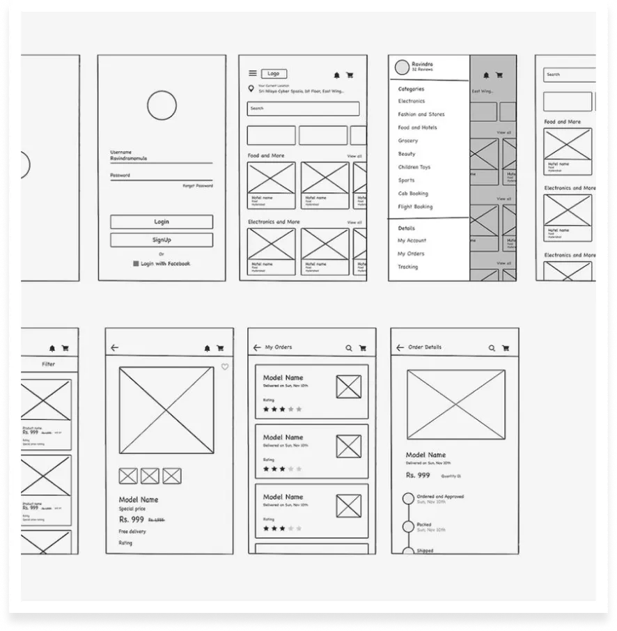 Low-fidelity wireframes mapping every screen of a website before visual design begins